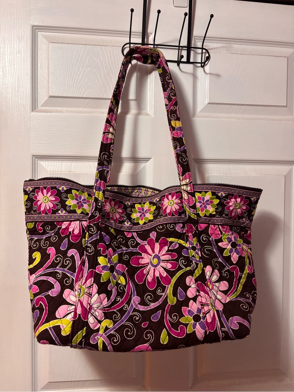 Vera Bradley Brown Quilted Floral Tote with Pink and Lime Accents
